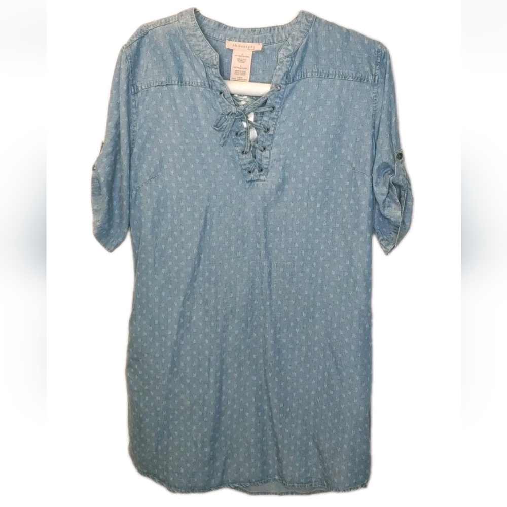 Philosophy Tunic Shirt Dress Woman Large Blue Raindrop Print Tencel Lace Up Nwt - Picture 4 of 14
